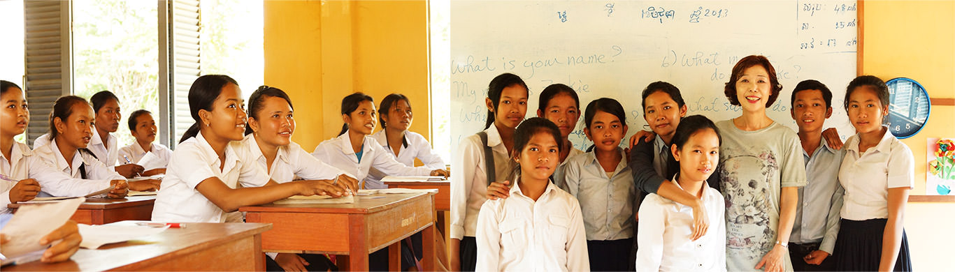 授業を受けるカンボジアの生徒たちと記念撮影に応じるカンボジアの生徒たち