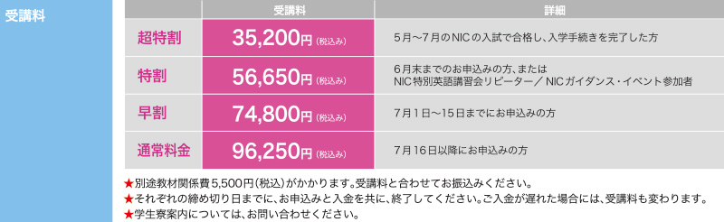 NIC夏期特別英語講習会 受講料